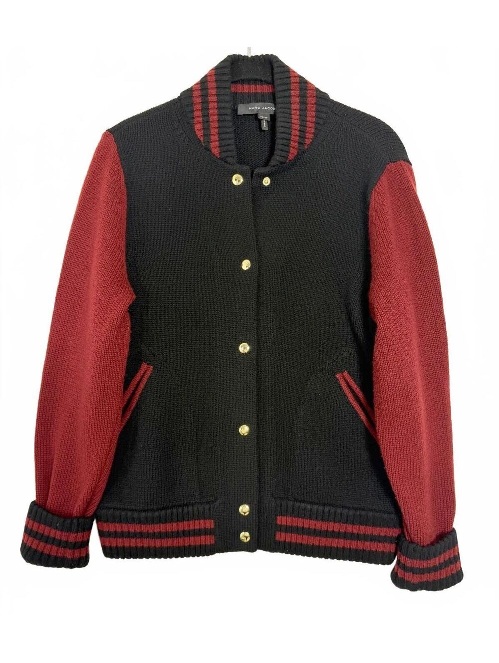 Marc Jacobs Wool Cashmere Varsity Bomber Jacket Black Burgundy Knit Cardigan XS